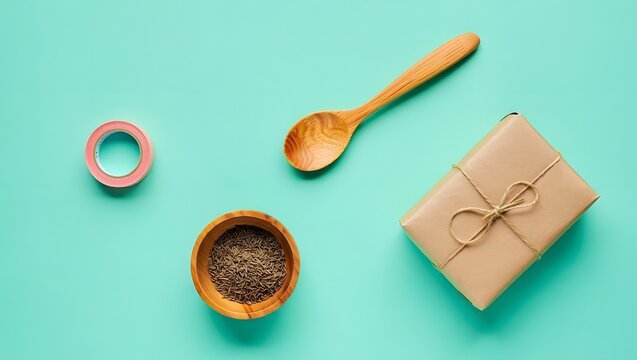 Gift wrapping with natural materials and wooden spoon on a light blue background