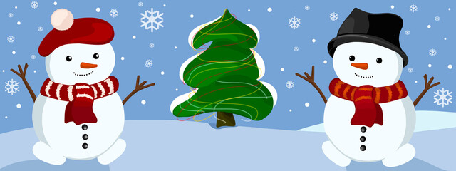 Winter, New Year's illustration. Two cheerful snowmen on the background of a New Year's landscape.