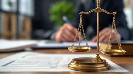 trade expense regulation judge concept. Legal scales on a desk with documents in a professional setting.