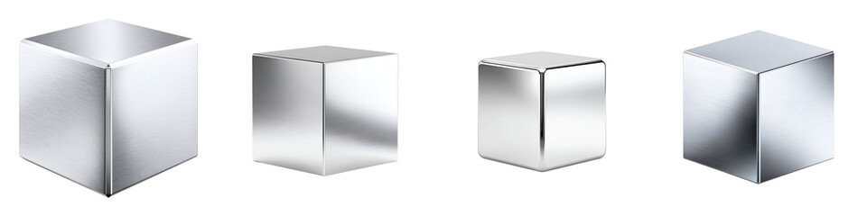 Naklejka premium Assortment of Polished Metal Cubes with Sharp and Rounded Edges on a White Background, Illustrating Geometry, Texture and Design Variations