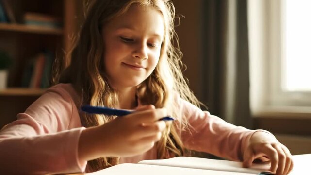 Close up child journaling thoughts homeschool writing exercise cinematic handheld homeschooling lifestyle stock video. young pupil diary notion domestic education script practice