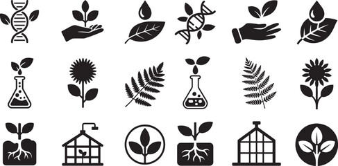 Black icons depicting plants dna and science leaf growth