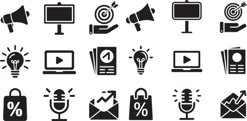 Black marketing and business icons on white background megaphone billboard