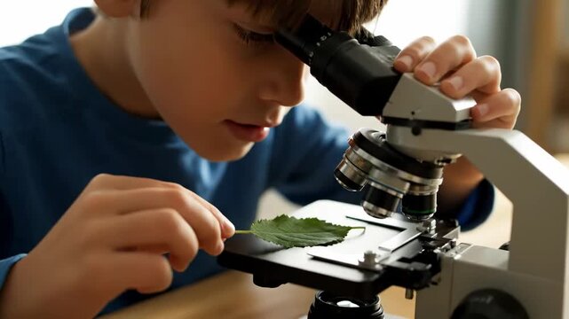 Close up child using microscope study leaf structure cinematic handheld homeschool science lifestyle stock video. young pupil examines foliage cell structure optic instrument