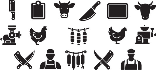 Butcher tools animals and food preparation icons cleaver knife