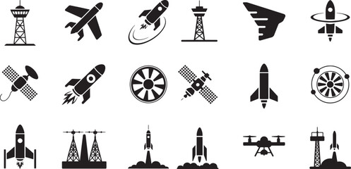 Collection of black icons depicting aircraft spacecraft and launch towers airplane rocket