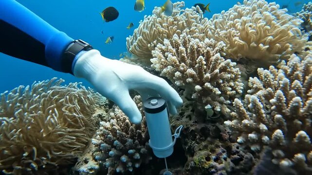 Close up divers placing temperature sensors coral reefs cinematic handheld marine science lifestyle stock video. underwater researchers install thermal probe reef handheld