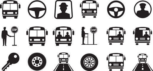 Collection of bus transportation and driving icons vehicle steering