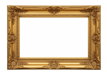 Antique polished gold rectangular picture frame with intricate Baroque carvings and filigree, perfectly isolated on a transparent background with copy space, elegant luxury design concept