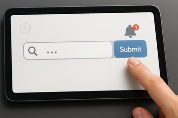 Finger pressing submit button on tablet search bar with bell alert and clean digital UI
