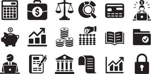 Collection of financial and business icons calculator briefcase