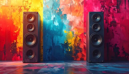 Colorful wall, two tall speakers