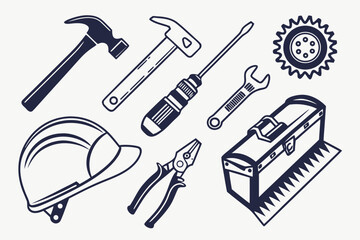 Black silhouette tools icon set including hammer, screwdriver, wrench, saw, and drill for construction and repair work