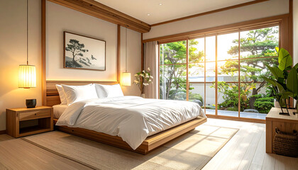 Zen Bedroom Retreat Tranquil Interior with Garden View and Natural Light