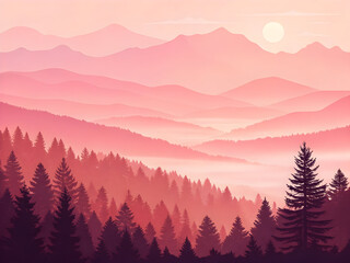 Obraz premium Pink and purple mountain range landscape with a misty forest at sunrise