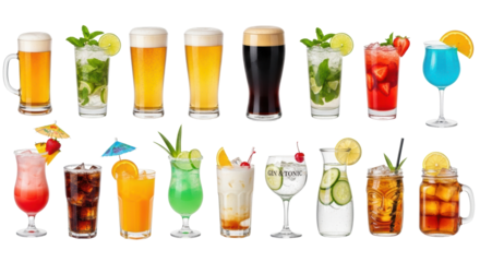 Fifteen diverse refreshing beverages in various glasses with garnishes, isolated on a bright white background with ample copy space, studio product shot. Concept of refreshing drinks diversity