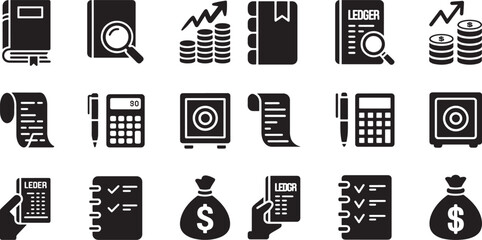Financial icons book ledger calculator money safe and growth chart vector
