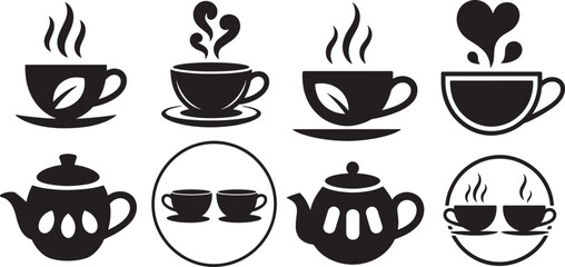 Hot beverage cups and teapots with steam and leaf designs coffee