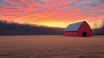Red barn in field under vibrant red sunrise sky