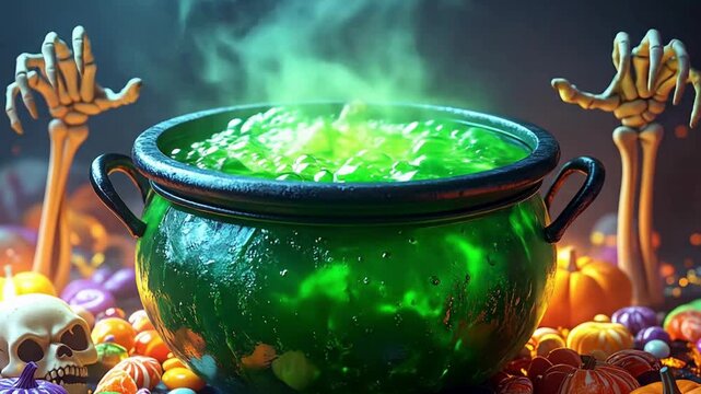 Close-up view of a bubbling green potion in a cauldron, surrounded by Halloween candy and skeleton hands, creating a spooky atmosphere against a dark background.