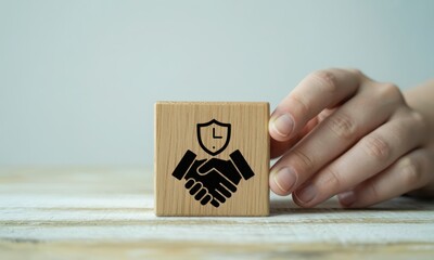 Handshake and shield symbol on wooden block represents security and trust