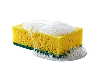 A yellow cleaning sponge, coated in sudsy bubbles, angled diagonally