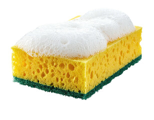 Yellow cleaning sponge with white foam,  green border