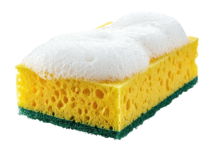 Yellow cleaning sponge with white foam,  green border