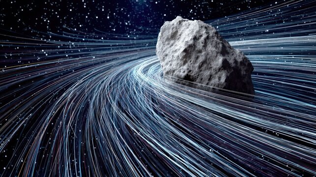 A gray asteroid orbits in a swirling pattern of light trails against a deep space backdrop.