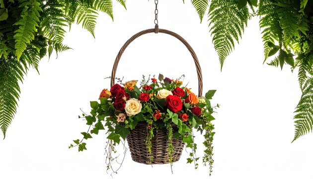 A rustic wicker basket, overflowing with red, orange, and cream roses and greenery, hangs from a chain between lush ferns against a stark white backdrop - Powered by Adobe