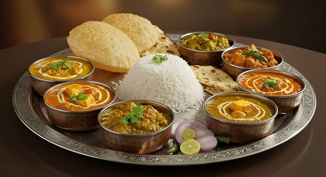 Traditional Indian Thali Plate with Rice and Assorted Curries in Metal Bowls - Powered by Adobe