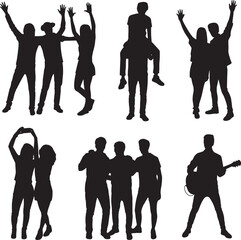 Silhouettes of people celebrating dancing and playing music black white