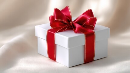 Obraz premium Christmas gift box wrapped in white paper with a red satin bow, elegant festive packaging design.