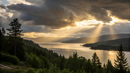 Sunbeams breaking through dramatic clouds over a serene lake and forest landscape