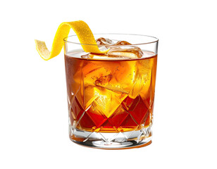 Dark amber cocktail in a rocks glass, garnished with lemon peel