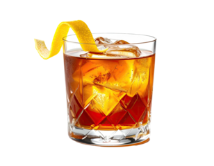 Dark amber cocktail in a rocks glass, garnished with lemon peel