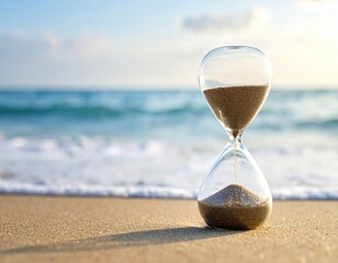 Glass hourglass on sandy beach, waves lapping, sunlit; time passing, serene ocean backdrop