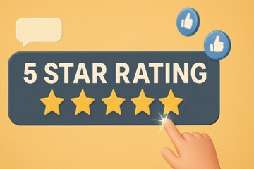 3D cartoon hand tapping five star rating on stylized feedback card with social media thumbs up icons
