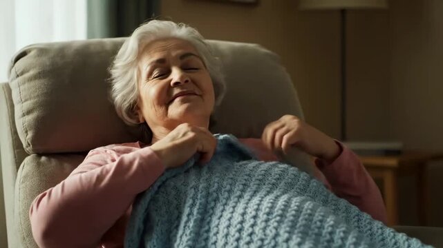 Close up elderly woman smiling while knitting scarf home cinematic handheld senior lifestyle stock video. aged dame joyfully crafting neckwear abode filmic portable mature existence