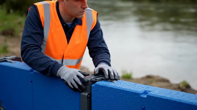 Close up engineer testing portable flood barrier river edge cinematic handheld climate adaptation stock video. technician checks mobile deluge defense bank filmic adaptable weather