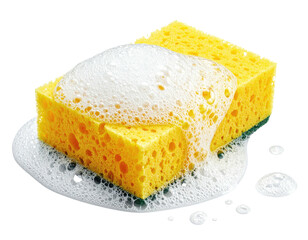 Yellow cleaning sponge saturated with white suds