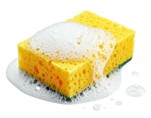 Yellow cleaning sponge saturated with white suds