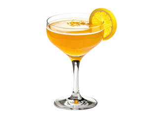 Golden cocktail in a coupe glass, garnished with lemon slice