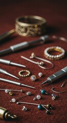 Handcrafted Jewelry Making Workspace Flatlay with Tools, Semi Precious Beads, and Metal Wires on Velvet Surface