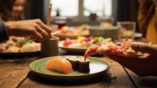 Close up hands serving sushi alongside pizza family dinner cinematic handheld multicultural lifestyle stock video. culinary fusion handheld footage diverse folk sharing meal pizza