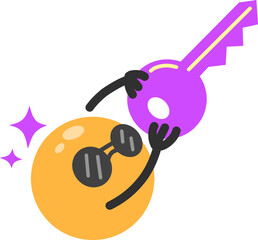 a round character with glasses holding a big key. Perfect for business, security, access, opportunity, success, solution, achievement, mascot design, and creative illustration for modern projects.