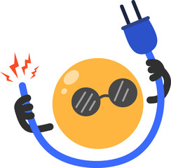 A cute character wearing sunglasses holding a plug and an electric cable with sparks. Perfect for electricity, energy, power, danger, technology, safety, and utility concepts.