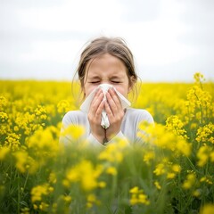Young girl blowing her nose amidst a vibrant field of yellow flowers.