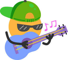 A cool mascot character wearing a green hat and sunglasses while playing a guitar. Perfect for music, entertainment, lifestyle, performances, creativity, and hobbies.