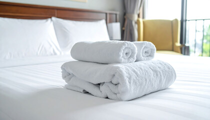 Clean white folded towels neatly stacked on a made bed with crisp white linens in a hotel room